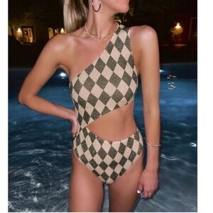 Beach Riot Tan and Black Geometric Swimsuit